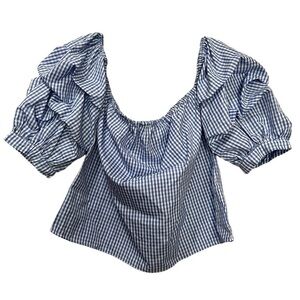 Lucy Wang Small blue and white gingham plaid off the shoulder Blouse R